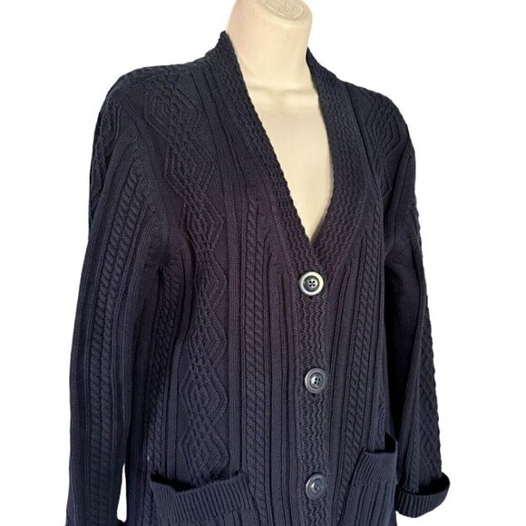 CAbi Woman's Sz M Blue Cable Knit Slant Pocket Button Up Cardigan Sweater #3882 - Picture 2 of 7